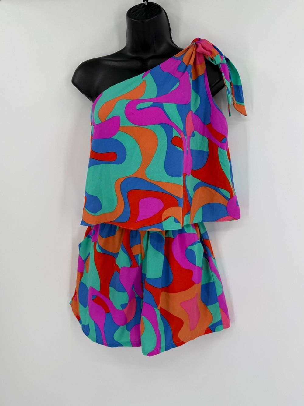 Tyche One-Shoulder Abstract Swirl Romper | Multicolor | Medium